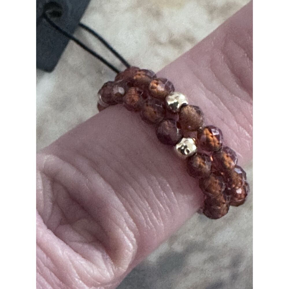 14K Solid Yellow Gold Garnet Beaded Adjustable Ring - Picture 2 of 3